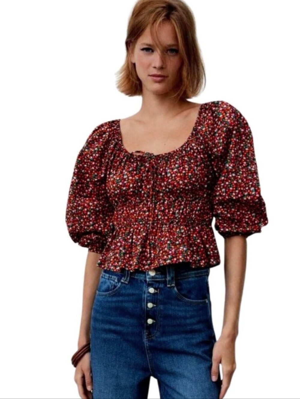 Zara Floral Poplin Smocked Puff Sleeve Blouse Top Size XL